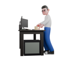 Cartoon Character 3D Model Editor Design. A Male Editor stands behind a desk with his hands on the desk while typing on the keyboard, serious expression. Professional Model png