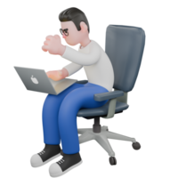 3D Model Cartoon Character for Editing. A Male Editor sits with a laptop on his lap and his left hand clenched. Illustration Design png