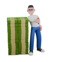 Cartoon Character 3D Model Editor Design. A Editor stands next to a pile of money with his right hand holding a ballpoint pen and his left hand on his waist. Illustration Design png