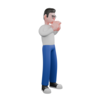Editor Cartoon Character for Projects. A male editor stands with both hands held under his chin, showing a deep thinking expression. 3D Illustration Design png