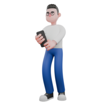Cartoon Character 3D Model Editor Design. A Male Editor stands with both hands holding a cellphone, a smiling expression. Professional Model png