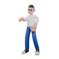 Editor in Cartoon Style 3D Model Illustration. A male Editor walks with his right hand extended forward while his left hand is holding a cup of coffee, focused expression. Design Character png