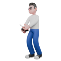 Editor in Cartoon Style 3D Model Illustration. A Male Editor stands facing right with both hands holding a remote control, eyes looking far ahead . Design Character png