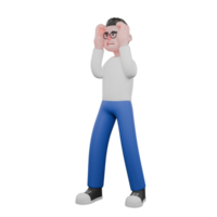 Professional Editing 3D Cartoon Model. A male editor stands with both hands beside his head, expression looking at something from afar . Illustration Design png