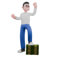 Cartoon Character 3D Model Editor Design. A male editor stands with his left foot on a pile of money while both hands are clenched in the air, as if being a hero the strong one. Professional png