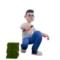 Cartoon Character 3D Model Editor Design. A Male Editor crouches next to a pile of money with a pen in his right hand. Professional Model png