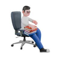 Creative Editor 3D Cartoon Character Design. A Editor sits with a pile of books on his lap. Design Character png