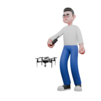 Editor in Cartoon Style 3D Model Illustration. A Male Editor stands with a drone in front of him, his right hand holding the drone's remote control . Design Character png