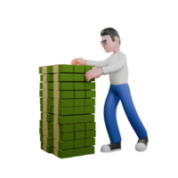 Editor in Cartoon Style 3D Model Illustration. A Male Editor stands next to a pile of money with both hands touching the pile of money . Design Character png