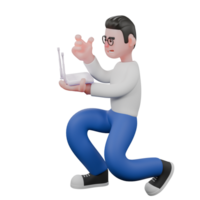 Editor in Cartoon Style 3D Model Illustration. A male editor squats holding a wifi in his left hand, and his right hand looks like he wants to fix it . Design Character png