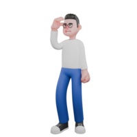 Professional Editing 3D Cartoon Model. A male editor stands with his right hand on his forehead, and his left hand is clenched as if looking at something . Illustration Design png