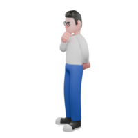 Editor Cartoon Character for Projects. A male editor stands facing right with his right hand holding his chin while his left hand is behind his back. 3D Illustration Design png