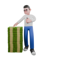 3D Model Cartoon Character for Editing. A Editor stands next to a pile of money with his left hand holding a ballpoint pen. Design Character png