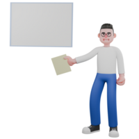 Editor in Cartoon Style 3D Model Illustration. A male editor stands next to a whiteboard holding paper in his right hand, and his left hand is clenched. Design Character. png