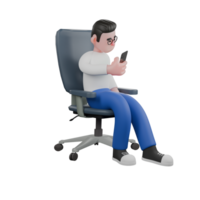 Cartoon Character 3D Model Editor Design. A Male Editor sits on a chair with his right hand holding a cellphone, expression focused. Illustration Design png