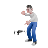 Editor in Cartoon Style 3D Model Illustration. A Editor stands with his right hand clenched and his left hand pointing at a drone below him. Professional Model. png