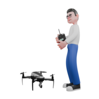 Editor in Cartoon Style 3D Model Illustration. A male editor stands in front of a large drone, holding a remote in both hands, as if he wants to fly it . Design Character png