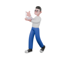 Cartoon Character 3D Model Editor Design. A male editor walks with a wifi in his left hand and his right hand looks like he wants to fix it Professional Model png