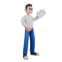 Editor in Cartoon Style 3D Model Illustration. A male editor stands with his left hand holding Wifi and his left hand clenched at his side. Design Character png