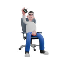 Cartoon Character 3D Model Editor Design. A male Editor sits on a chair with one hand holding a remote control in the air while left hand is on his thigh. Professional Model png