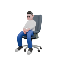 Editor in Cartoon Style 3D Model Illustration. A male editor sits on a chair with both hands together while looking at it, a thinking expression . Design Character png