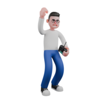 Professional Editing 3D Cartoon Model. A Male Editor standing with both knees slightly bent down, one hand holding a drone remote and the other hand raised up, happy expression . Illustration Design png