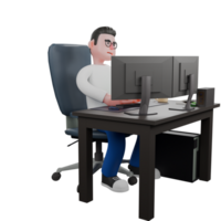 Professional Editing 3D Cartoon Model. A Male Editor sits on a chair with two computers on the desk, listening with a serious expression . Illustration Design png