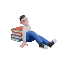 Cartoon Character 3D Model Editor Design. A male editor is leaning on a pile of books, a sleeping expression. Illustration Design png
