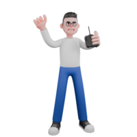Cartoon Character 3D Model Editor Design. A Male Editor stands with one hand holding the drone remote and the other hand raised up, happy expression. Professional Model png