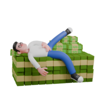 3D Model Cartoon Character for Editing. A male editor is lying on a pile of money with his left hand on his stomach and both legs spread, a tired expression. Design Character png