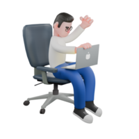 Creative Editor 3D Cartoon Character Design. A Male Editor sits with a laptop on his lap and his right hand holding a question as if he wants to close it. Professional Model. png