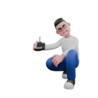 Editor in Cartoon Style 3D Model Illustration. A male Editor crouches with his right hand extended forward holding a remote control, wide smiling expression. Design Character png
