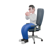 Cartoon Character 3D Model Editor Design. A male editor sits on a chair with both hands clasped under h png