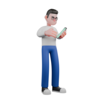 Cartoon Character 3D Model Editor Design. A Male Editor stands with a cellphone in his left hand while playing with the cellphone screen, focused expression. Professional Model png