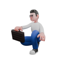 Cartoon Character 3D Model Editor Design. A Male Editor crouches with one hand holding a briefcase, an expression ready to work. Professional Model png