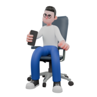 Editor in Cartoon Style 3D Model Illustration. A Male Editor sitting on a chair with his eyes looking at the screen of his cellphone in his right hand, focused expression. Design Character png