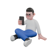Creative Editor 3D Cartoon Character Design. A Male Editor sits cross-legged on the floor with his right hand holding a cellphone. Design Character png