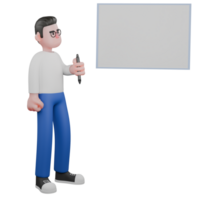 Cartoon Character 3D Model Editor Design. A male editor stands next to a whiteboard holding a pen in his left hand and his right hand clenched while looking at the whiteboard. Illustration Design. png