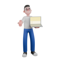 Professional Editing 3D Cartoon Model. A Male Editor Stands with one hand holding an open laptop and the other hand pointing forward. Illustration Design png