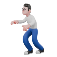 Editor in Cartoon Style 3D Model Illustration. A Male Editor Walks with his body slightly bent, hands trying to reach for something carefully, alert expression. Design Character png