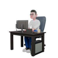 Professional Editing 3D Cartoon Model. A male editor sits with a computer on the table while typing on the keyboard with both hands. Illustration Design. png