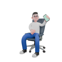 Professional Editing 3D Cartoon Model. A male Editor sits on a chair with right hand clenched in front of his body while left hand holds a phone. Illustration Design png