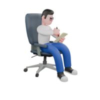 Professional Editing 3D Cartoon Model. A male editor sits holding several sheets of paper and pens in both hands, an expression of writing. Professional Model. png
