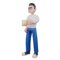 Editor in Cartoon Style 3D Model Illustration. A male Editor standing with left hand outstretched holding a cup of coffee while right hand is beside his body, relieved expression. Design Character png