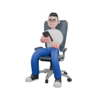 Cartoon Character 3D Model Editor Design. A male Editor sits on a chair with right hand holding a phone and left hand is on his thigh. Professional Model png