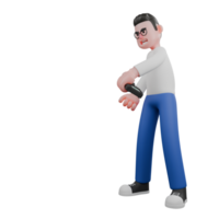 Professional Editing 3D Cartoon Model. A male Editor stands with his left hand holding a remote control while the other hand is extended forward, serious expression. Illustration Design png