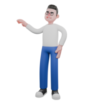 Cartoon Character 3D Model Editor Design. A male editor stands with his right hand extended to the side and his left hand on his waist, embracing expression. Design Character. png