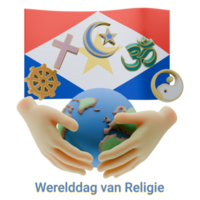 Fascinating 3D renders of World Religion Day Written in Saba Language and Flags png