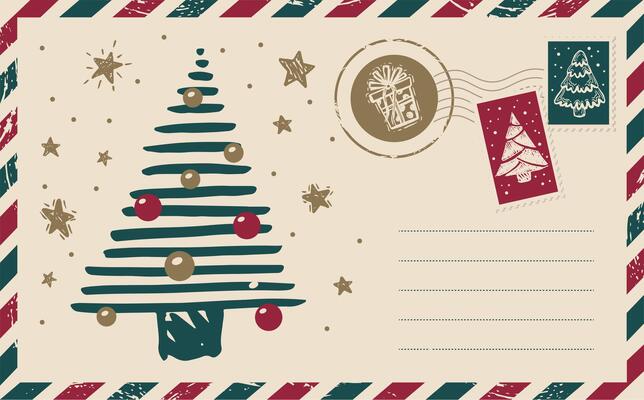 Christmas mail with tree, postcard, hand drawn illustration