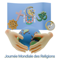Emblematic 3D renders of World Religion Day Written in Melilla Language and Flags png
